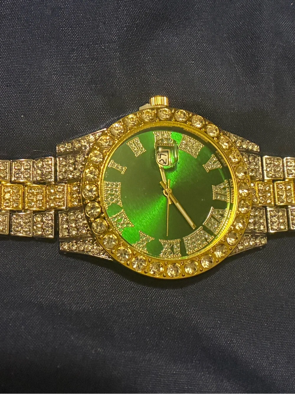 Gold-Tone Iced Out Watch with Green Dial and Crystal Accents